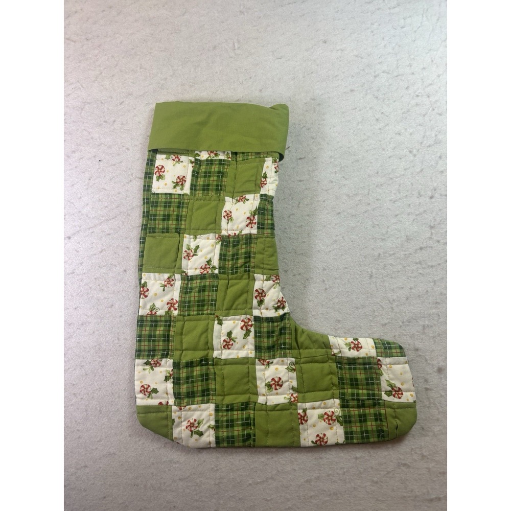 Vintage Christmas Stocking Green Quilted  Cottagecore Farmhouse